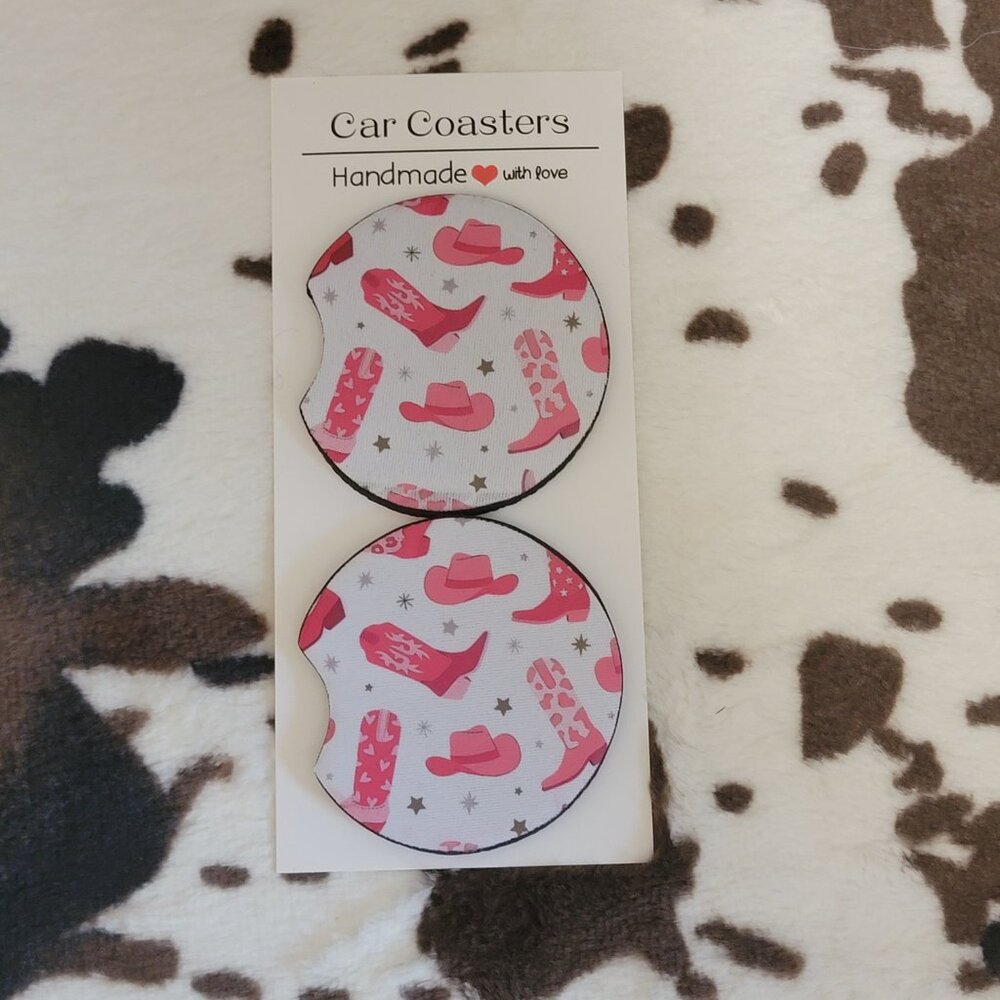 Pink Cowgirl Boots Hat Western Neoprene Car Coaster Set ( 5 Pack)